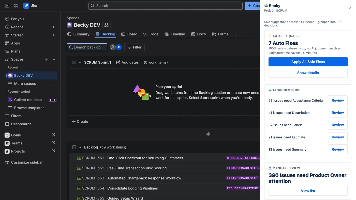 A Jira backlog for a demo project with the Becky panel open on the right. The panel sums up suggestions across the backlog and groups them into Auto Fix (Safe) with an Apply All Safe Fixes button, AI Suggestions listed by missing field with a Review button each, and Manual Review with a View list button.
