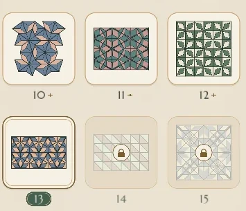 Level card states: completed levels 10 to 12 with a small star, current level 13 with a deep green number tab, and locked levels 14 and 15 with a wash and a padlock.