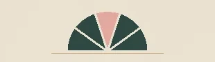 The half-sun motif: a half circle cut into five wedges, deep teal with a blush centre wedge, resting on a thin gold line.