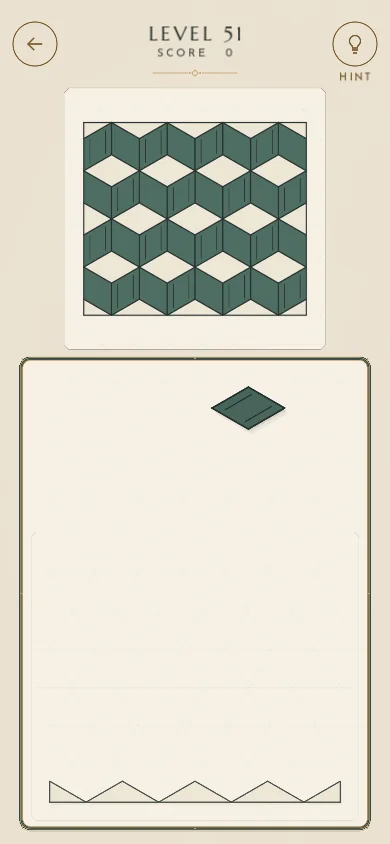 Level 51, “Tumbling blocks”: a 3D-looking pattern of deep green and parchment blocks.