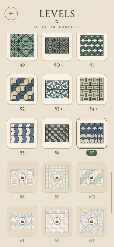 Level select in the depth chapter, levels 49 to 63, with the current level 57 marked.