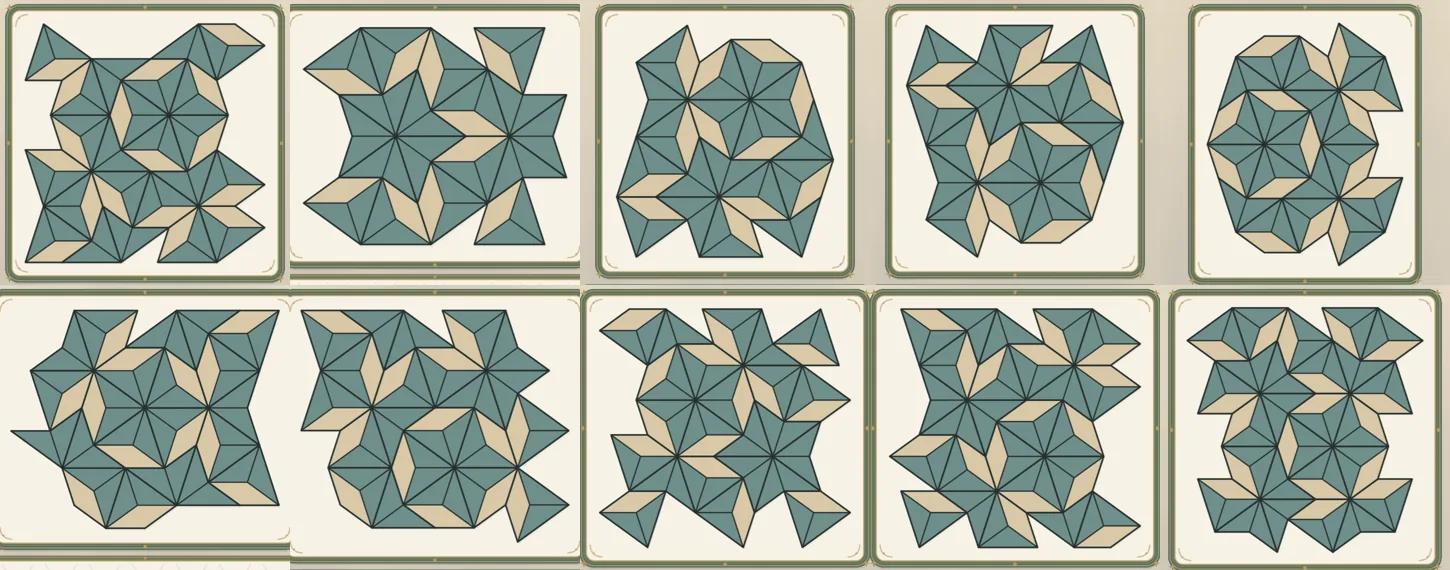 Levels 1 to 10: ten Penrose patterns built from teal darts and sand kites, each on its framed panel.