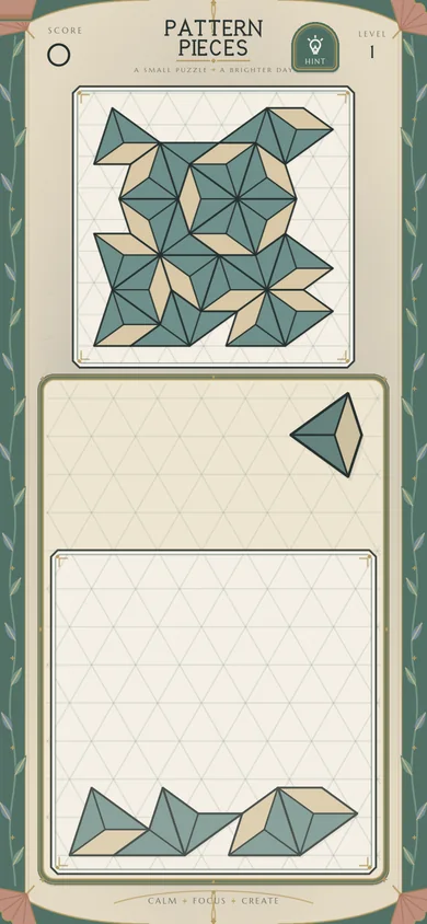 Revision 04: Level 1 with an ornate botanical frame, a title header with score and hint, and a footer banner.
