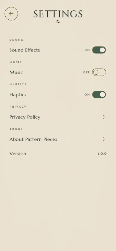 Settings: Sound Effects, Music and Haptics toggles, Privacy Policy, About and version.
